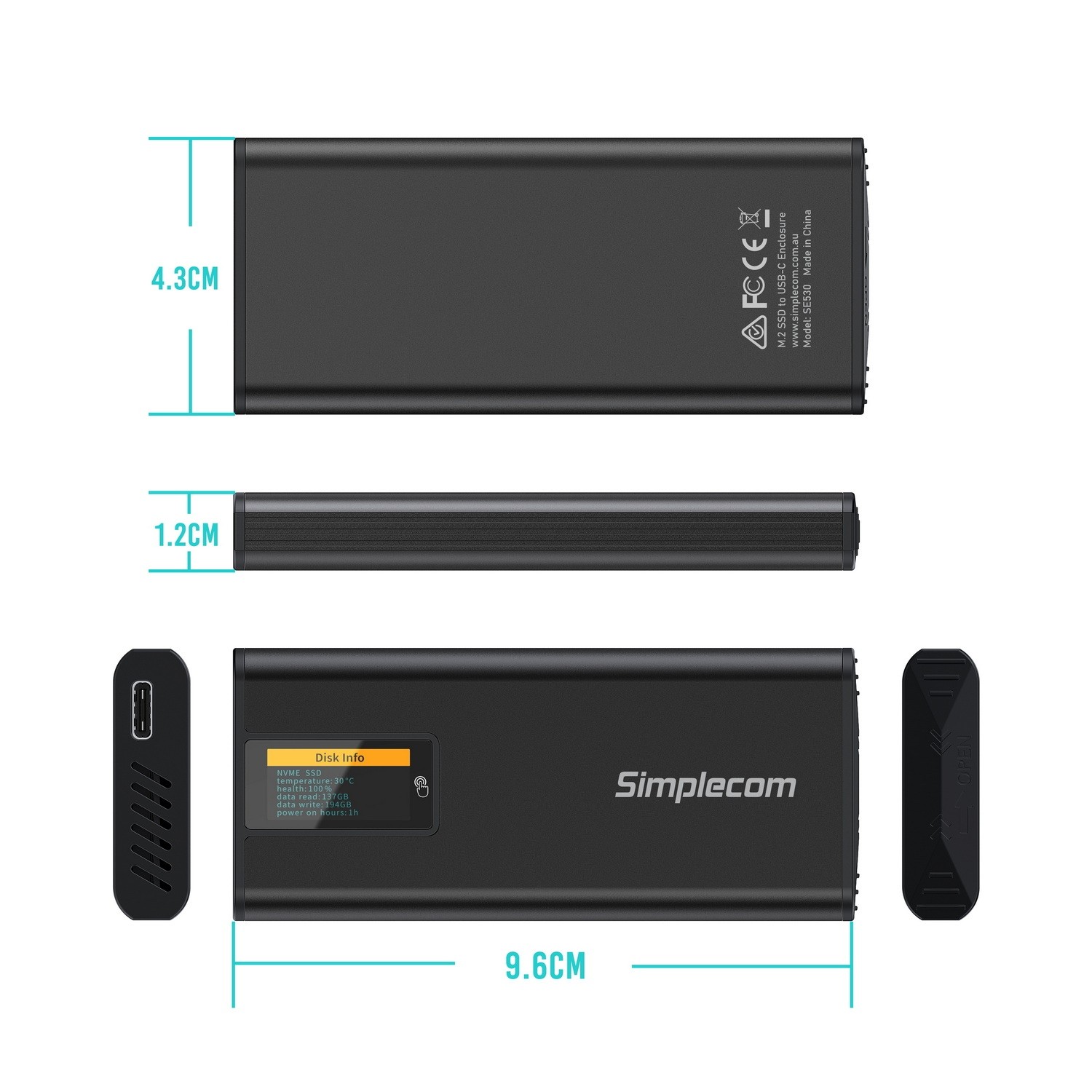 A large marketing image providing additional information about the product Simplecom SE530 NVMe / SATA M.2 SSD to USB-C Enclosure with SMART LED Screen USB 3.2 Gen 2 10Gbps - Additional alt info not provided